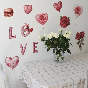 Romantic pink rose and love heart wall stickers set for living room home wall decoration