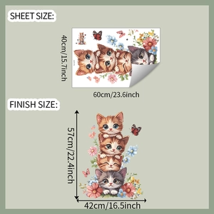 Detail of cartoon cat wall sticker layout showing sheet size and finish size dimensions