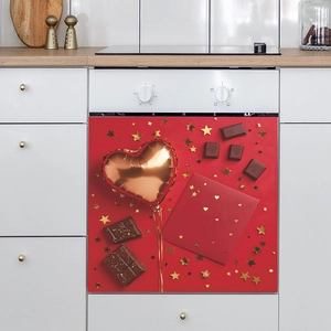 Decorative red kitchen appliance sticker with heart balloons and chocolate pattern