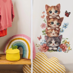 Cute stacked cats wall decals with colorful butterflies and flowers for home decor