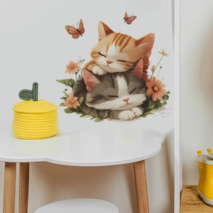 Cartoon sleeping kittens wall sticker with orange butterflies and flowers for home decor