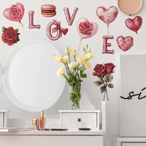 Romantic pink rose and LOVE letter wall decals set for bedroom and living room decor