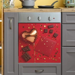 Red kitchen cabinet sticker featuring gold balloon and chocolate decor patterns