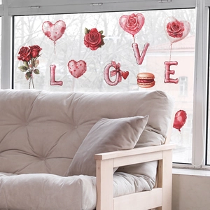 Pink heart rose balloons and LOVE wall stickers for Valentine's home decoration
