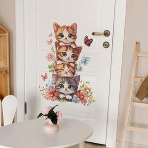 Cartoon stacked cats wall decal with flowers and butterflies for home wall decor