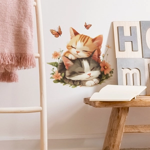 Cute sleeping cats wall stickers with orange butterflies and pink flowers for home decor
