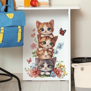 Creative stackable cartoon kittens wall sticker with floral and butterfly accents for home decor
