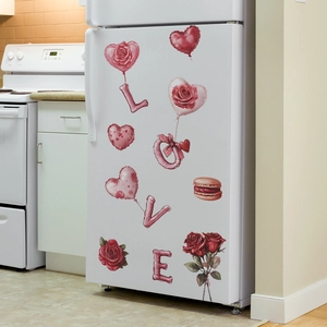 Pink heart-shaped balloons and red rose wall stickers for romantic home decoration