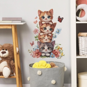 Cartoon Cats Stacking Butterflies Flowers Wall Stickers For Kids Room Bedroom Living Room PVC Self Adhesive Decorative Wall Decals