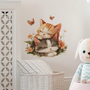 Cute cartoon sleeping cats wall decal with orange flowers and butterflies for cozy home decor