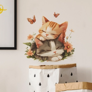 Cute sleeping cats wall decal with orange flowers and butterflies for home wall decor