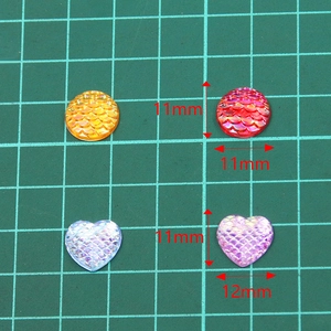 DIY mermaid scale resin charms in round and heart shapes with 11mm and 12mm size markers