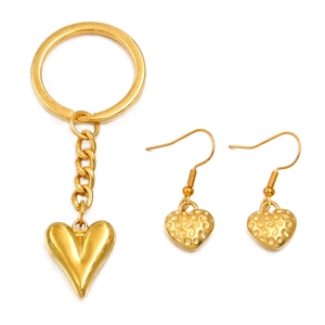 Golden 304 stainless steel heart pendant necklace and earrings set with hammered finish