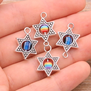 Zinc alloy Star of David pendant with rotating rainbow beads and a polished silver finish