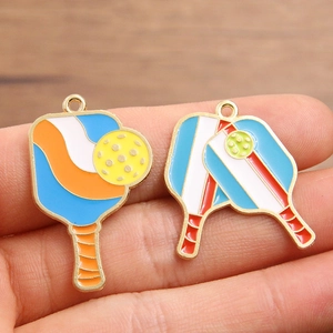 Pickleball paddle enamel charms in gold alloy with blue and orange oil drip finish