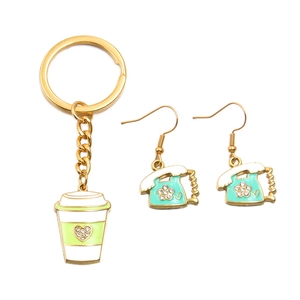 Gold stainless steel enamel keychain and earrings set with coffee and phone charms