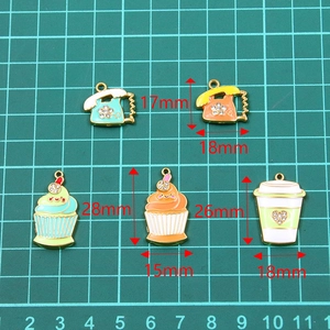Golden ice cream and coffee cup charms set with enamel coating and rhinestones for DIY