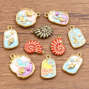 Breloques Animaux Marins en Acier Inoxydable pour Création Bijoux Émail Coquillage Hippocampe Pendentifs Étoile de Mer Or