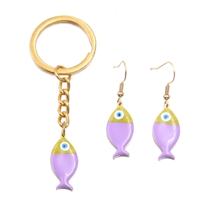 Golden stainless steel evil eye fish charm keychain and earring jewelry set with purple oil drip