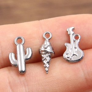 Miniature silver 304 stainless steel pendants set featuring cactus ice cream and guitar