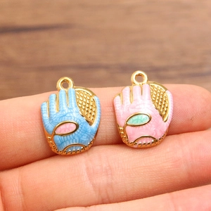 Enameled baseball glove pendant charms in blue and pink on gold-plated stainless steel
