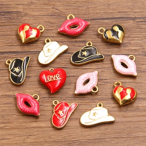 12-piece DIY 304 stainless steel gold-plated enamel pendants in heart, lip, and hat shapes