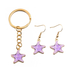 DIY purple starfish alloy charm set with keychain and hook earrings in gold finish
