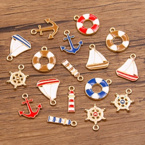 Alloy Nautical Marine Charms Enamel Sailboat Anchor Lifebuoy Helm Lighthouse Pendants For DIY Jewelry Making Pendants Only