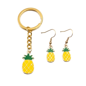 DIY gold alloy pineapple pendant set including keychain and earrings with enamel finish
