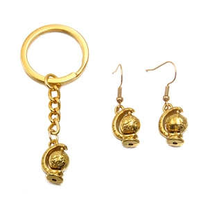 Golden 3D rotating globe pendant jewelry set with keychain and earrings in 304 stainless steel