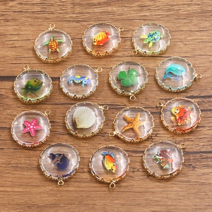 Pendentif Rond en Verre de Cuivre Plaqué Or 18K Vie Marine Fleurs Séchées Tortue de Mer Étoile de Mer Bijoux DIY