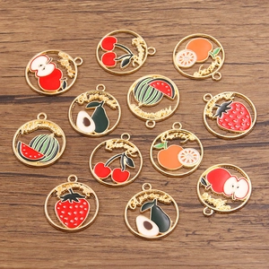 DIY gold alloy fruit charms set with strawberry, watermelon and cherry oil drip pendants