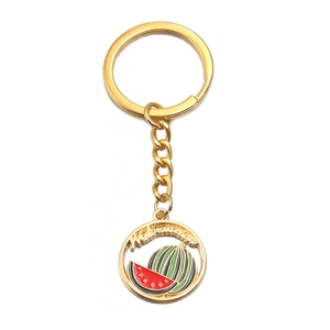 Golden alloy watermelon keychain with colorful enamel pendant and sturdy circular ring