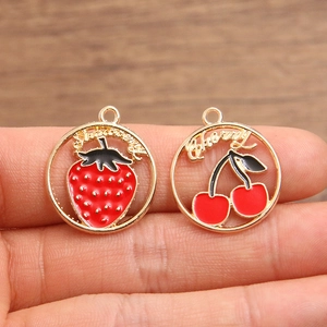 DIY gold alloy strawberry and cherry drip oil round pendants for jewelry making