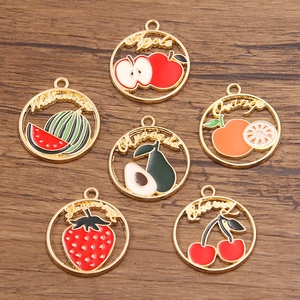 Alloy Fruit Enamel Pendants Strawberry Watermelon Cherry Hollow Round Charms For DIY Jewelry Making Handmade Accessories