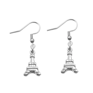 Pendientes de gancho con colgante de torre Eiffel 3D en acero inoxidable 304 plateado