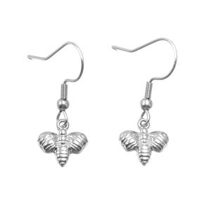 Polished silver stainless steel bee drop earrings with detailed wings and fishhook