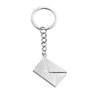 Detail of silver envelope charm with high-quality plating on a keychain connector