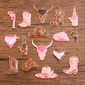 Pink and brown enamel Western cowboy charms including boots, hats and pistols for DIY jewelry