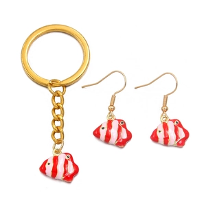 Golden fish charm jewelry set with red and pink enamel dolphin pendants for DIY making