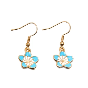 Dual-tone sky blue and white enamel cherry blossom cherry dangle earrings in gold plating