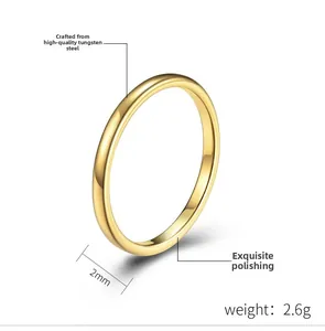 Detailed close-up of 2mm polished gold tungsten steel ring showing smooth metal texture