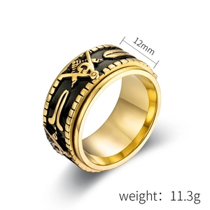 Detail showing 12mm wide Freemason ring in gold and black two-tone rotatable finish