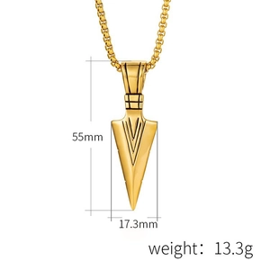 Arrowhead pendant dimensions showing 55mm height and 17.3mm width in gold finish
