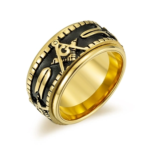 Rotating stainless steel Freemasonry ring with black matte finish and golden gear edges
