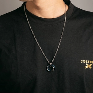 Men's minimalist triple ring necklace in silver, black and blue stainless steel