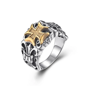 Vintage two-tone 18K gold plated cross ring for men with knight style relief patterns