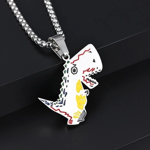 Hip hop style silver chain necklace with a colorful cartoon dinosaur pendant for men and women