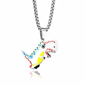 Hip Hop Titanium Steel Cartoon Dinosaur Pendant Necklace Trendy Colorful Enamel Doodle Jewelry For Men Teenagers School Accessory