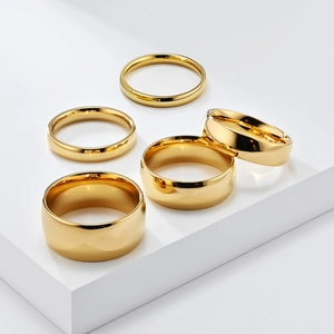 Detail showing five different widths of minimalist 18K gold plated stainless steel rings